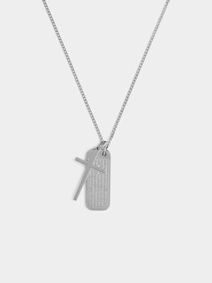 Rhodium Plated Stainless Steel Cross & Prayer Dogtag Pendant on Chain