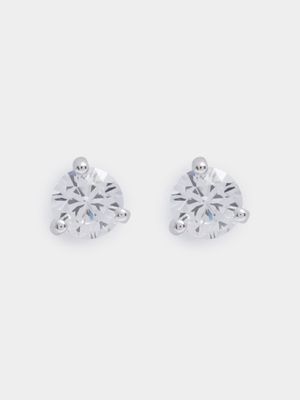 Rhodium Plated 3 claw Clear Round CZ Stud Earrings