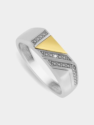 Yellow Gold & Sterling Silver Diamond Diagonal Design Men's Dress Ring