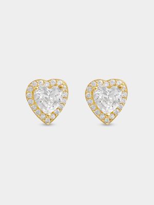 Sterling Silver Gold Plated CZ Heart with Pave Halo Studs