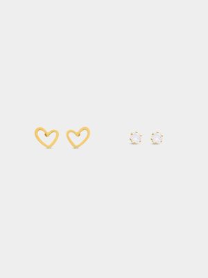 Stainless Steel Gold Plated Open Heart & 4mm CZ Stud Set