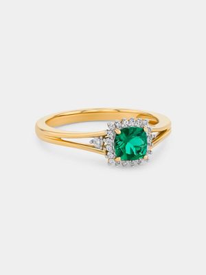 Yellow Gold Diamond & Created Emerald Cushion Halo Ring