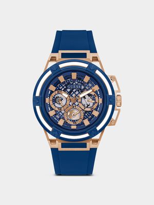 Guess Men's Matrix Rose Plated Blue Silicone Chronograph Watch