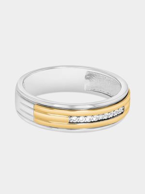 Yellow Gold & Sterling Silver Diamond Horizontal Groove Ring