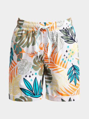 Older Boy's White Foliage Print Poplin Shorts