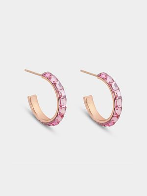 Rose Gold  with Pink Crystal Open End Hoop Earrings