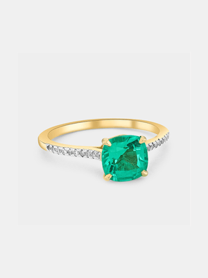Yellow Gold Lab Grown Emerald & Moissanite Women’s Cushion Ring