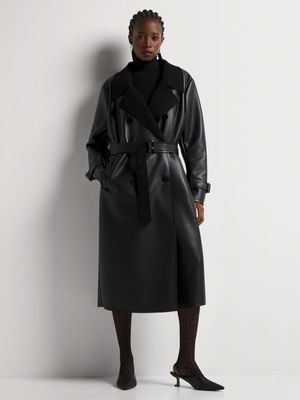 Aviator Shearling Lined Pleather Trench Coat