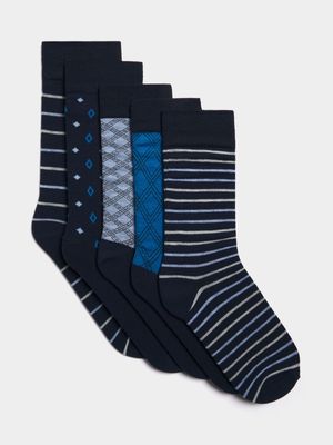 Jet Men's 5 Pack Multicolour Diamond Navy Stripe Anklet Socks