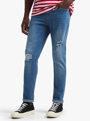 Jet Men's Midblue Rip Repair Skinny Jeans