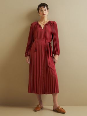 Women's Iconography Belted Pleated Midi Dress Rust