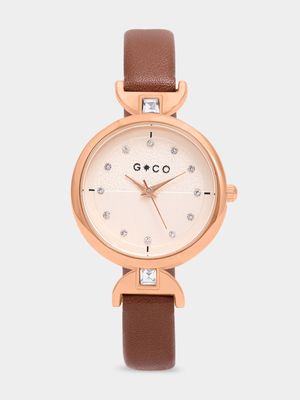 Tan & Rose Gold Cube Stone Watch