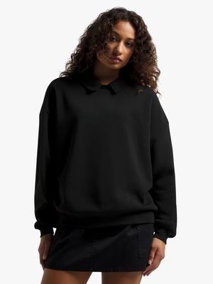 Women's Black Fleece Sweat Top With Collar