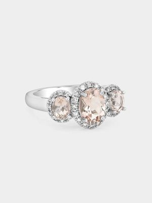 White Gold Diamond & Pink Morganite Oval Halo Trilogy Ring