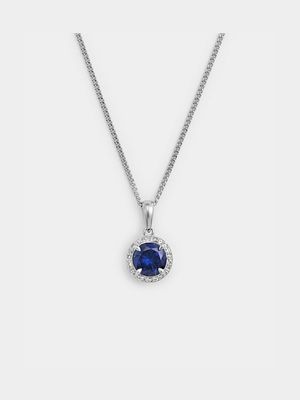 Sterling Silver Diamond & Created Blue Sapphire Round Halo Pendant