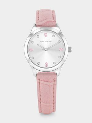 Minx Silver Plated Silver Dial Baby Pink Faux Leather Watch
