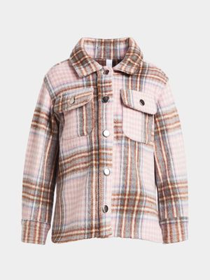 Younger Girl's Pink & Brown Check Melton Shacket