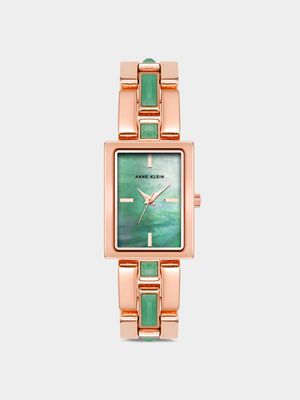 Anne Klein Green Mother Of Pearl Dial & Rose Plated Rectangular Bracelet Watch