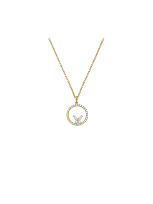 Yellow Gold, Cubic Zirconia Circle with a Butterfly design Pendant on chain