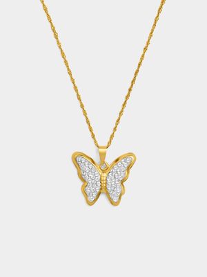 Yellow Gold Crystal Butterfly Pendant on chain