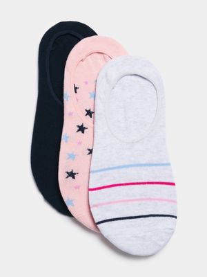 Jet Girl's Older 3 Pack Pink/Grey Stars Secret Socks