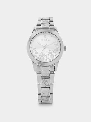Tempo Women’s Silver Plated Flower Design Bracelet Watch