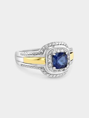 Yellow Gold & Sterling Silver Diamond & Created Blue Sapphire Cushion Halo Ring