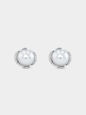 Sterling Silver Grey Freshwater Pearl Lily Pad Stud Earrings