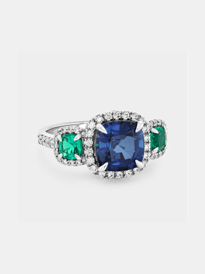 White Gold Lab Grown Blue Sapphire & Emerald Women’s Cushion Trilogy Ring