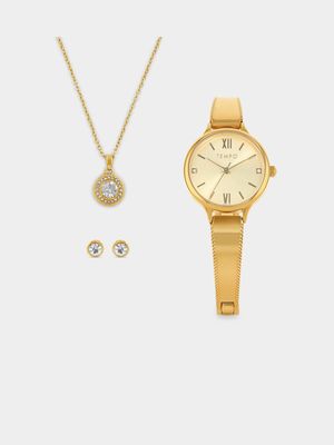 Tempo Gold Plated Bangle Watch, Pendant & Stud Earrings Gift Set