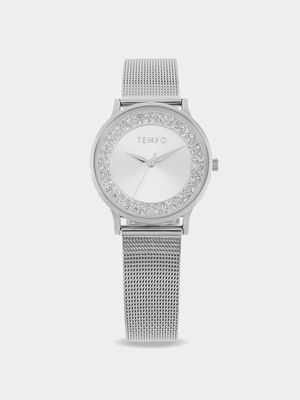 Tempo Ladies Silver Tone & Crystal Mesh Strap Watch