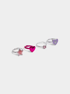 Girl's Silver & Bright Pink 4-Pack Rings