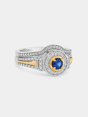 Yellow Gold & Sterling Silver Diamond & Created Blue Sapphire Round Halo Twinset Ring