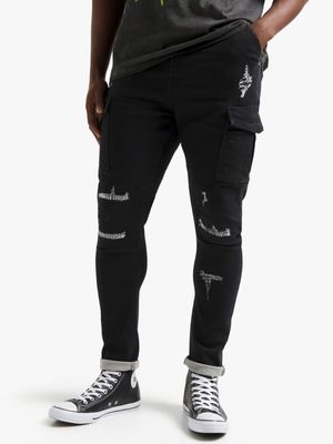 Men's Black Cargo Tapered Denim Jeans