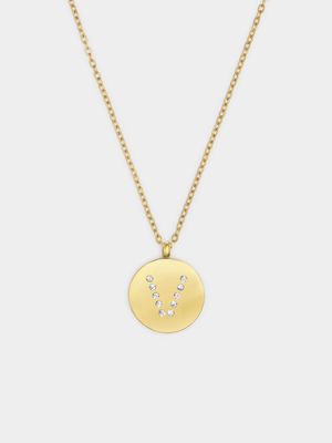 18ct Gold Plated Waterproof Stainless Steel CZ V Initial on Disk Pendant