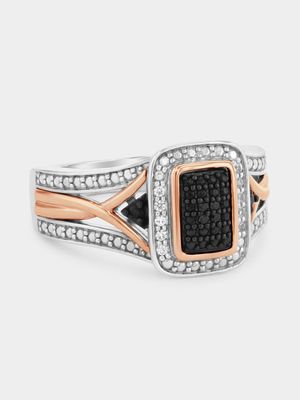 Rose Gold & Sterling Silver Black Diamond & Craeted Sapphire Rectangle Halo Ring