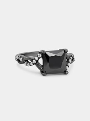 Black Plated Sterling Silver Black Cubic Zirconia Princess Ring
