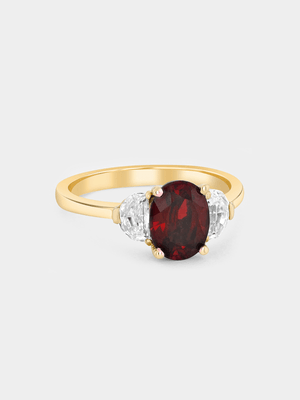 Yellow Gold Lab Grown Ruby & Moissanite Women’s Oval Trilogy Ring