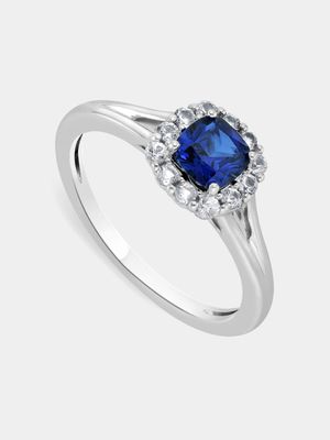 Sterling Silver Diamond & Created Blue Sapphire Cushion Halo Ring