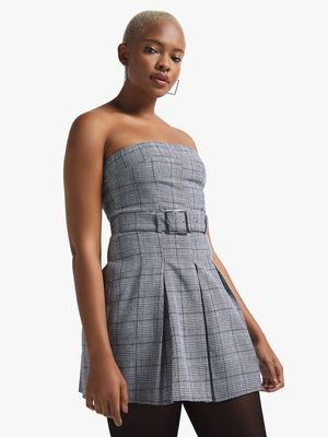 Women's Grey Check Print Pleated Bandeau Dress