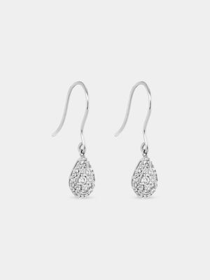 Sterling Silver Diamond & Created Sapphire Pear Cluster Halo Drop Earrings