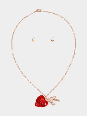 Girl's Red Glitter Heart Locket & Earrings Set