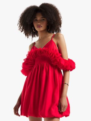 Women's Red Mesh Sleeve Bubble Dress