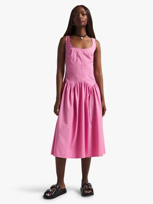 Women's Pink Taslon Dropped Shape Midaxi Dress