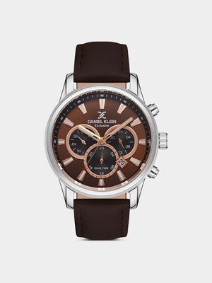 Daniel Klein Silver Plated Chronographic Brown Leather Watch