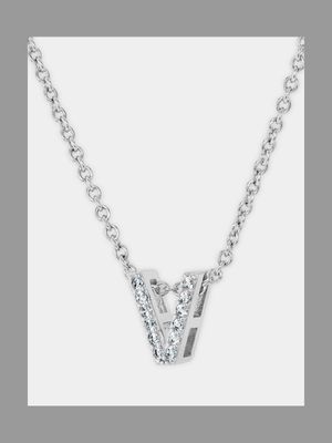 CZ Initial Necklace V Silver Plated