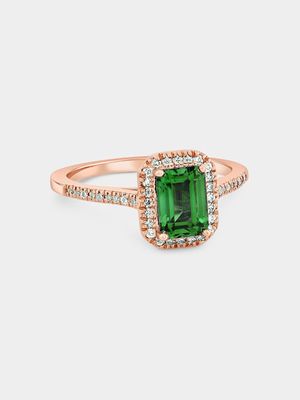 Rose Gold Lab Grown Emerald & Moissanite Women’s Halo Ring