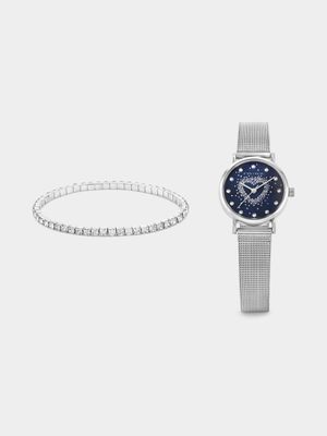 Minx Silver Plated Blue Heart Dial Mesh Watch & Bracelet Set