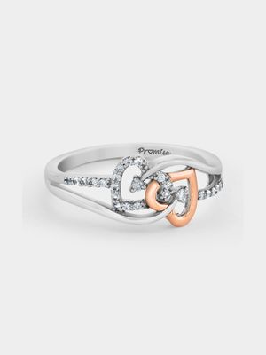 Rose Gold & Sterling Silver Cubic Zirconia Women’s Entwined Hearts Promise Ring