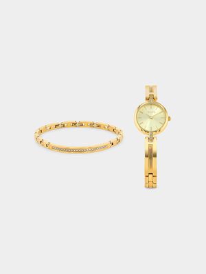 Tempo Women’s Gold Plated Round Bracelet Watch & Bracelet Set